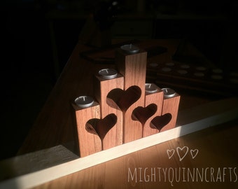 Farmhouse candle holders, wooden candle holders, farmhouse decor set, tea light holder, mom gift, oak with heart cutouts, farmhouse gift