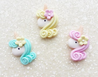 Unicorns with Flowers, Polymer clay, Flat backs, Embellishments, Charms, Handmade polymer clay charms,