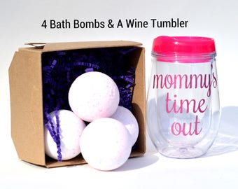 Daycare provider gifts - 4 large bath bombs & a wine tumbler included - appreciation gift - thank you gift - hostess gift - shower gifts