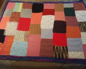 Knitted Afghan Patchwork /Knit Throw/Blanket/Sofa Throw/Lap Blanket Multicolored