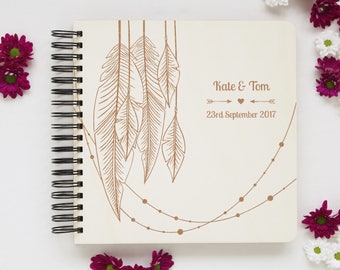 Personalized Boho Photo Album, Wooden Wedding Book, Engagement Gift For Couple, Customize Family Keepsake, Rustic Photobook, Feathers