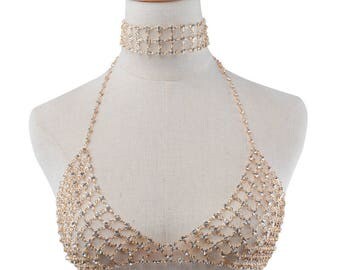 Festival Body Caged Bra, Body Chain, *Separated Choker* Women Crystal Choker Top, bralette burlesque cage Bra