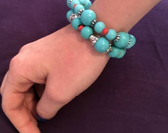 Turquoise/silver wooden beaded bracelet
