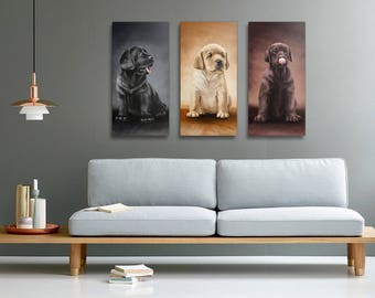 Labrador Retriever puppies - all three colors tryptic on canvas