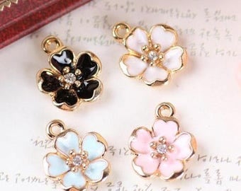 Gold cherry blossom charm set 3 colors 6 pieces pink white blue