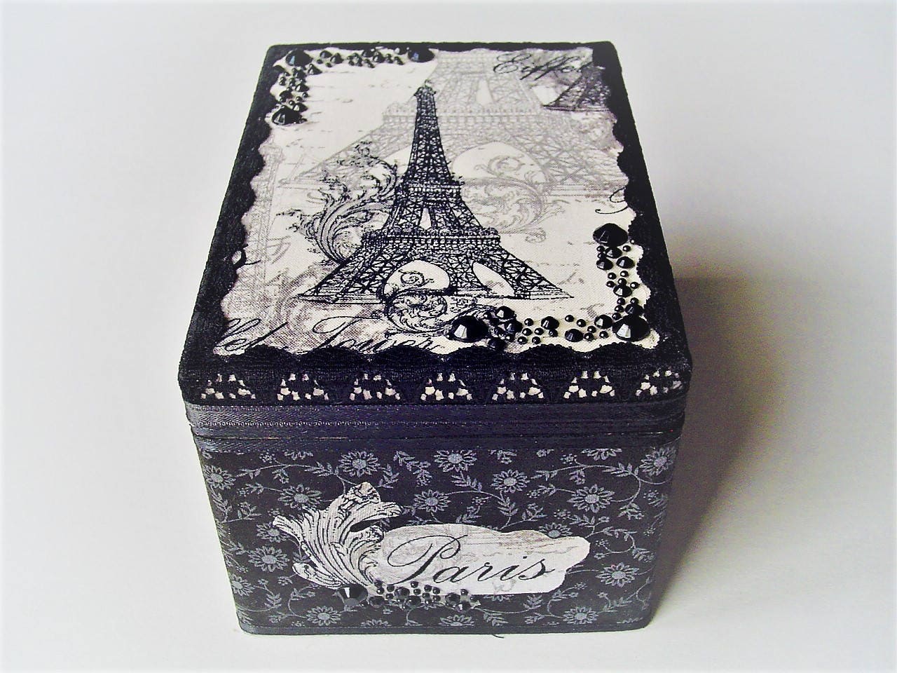 Paris themed jewelry boxfabric design recycled box black