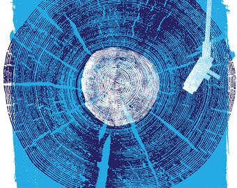 Screenprint Wood Texture Vinyl Record Player Art Print - Nature Sounds Silkscreen Natural Forest - Indigo Blue Tone On Tone - Wall Art Decor