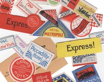 ANTIQUE LUGGAGE LABELS 1910s Vintage Tiny Worldwide Luggage Tag Gummed Stickers Sold Individually