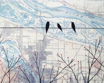 Willamette 20" x 30" // Portland Art // Oregon Art // Map Art // Bird Art // Birds on Wire Art // Rachel Austin Art