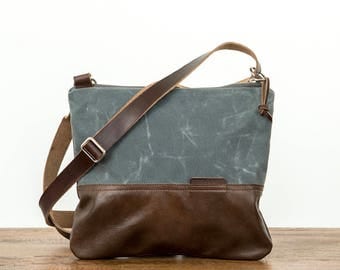 Waxed Canvas and Leather Crossbody Bag Slate / Handmade Leather and Canvas Purse / Cross Body Bag with Strap