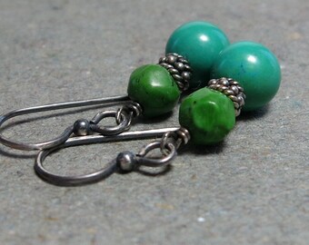 Blue Green Turquoise Earrings Sterling Silver December Birthstone Oxidized Earrings