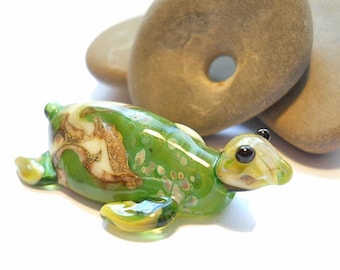 Bright Green Sea Turtle necklace with moon, Lamp Work Glass Bead pendant, ready to wear glass jewelry, Isinglass Design, glassbead, SRAJD