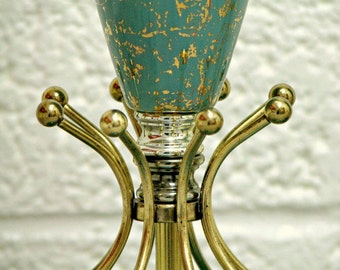 Vintage Atomic Lamp Pair Mid Century Modern Retro Eames Era Turquoise Aqua and Gold Sputnik Sprockets Ceramic Brass
