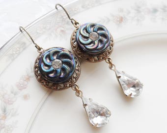Vintage Glass Rhinestone Button Earrings