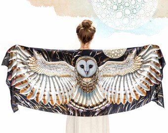Barn Owl Wings Scarf Wrap, Black Silk Scarf, Wearable Art, Owl Shawl Wrap, Birds Scarf, Feather Print Scarf, Nature Scarf