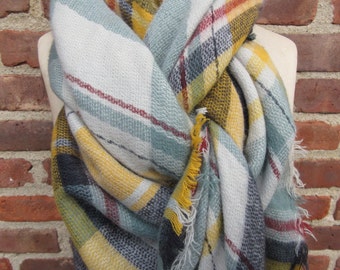 plaid blanket scarf gray neck wrap fringed check shawl oversized square cozy casual scarf soft boho chic checkered accessory gift bohemian