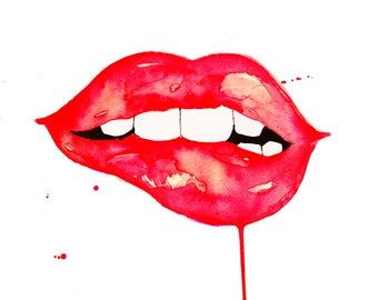 Kiss Me in Red Print of Original Watercolor Illustration