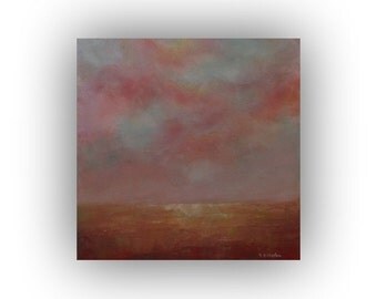 Abstract Landscape Oil Painting on Canvas- Fall Field Sky and Clouds- Small 12 x 12 Mauve Yellow and Blue Palette Knife Art