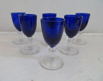 Vintage Set Six Cobalt Cordial/Shot Glasses