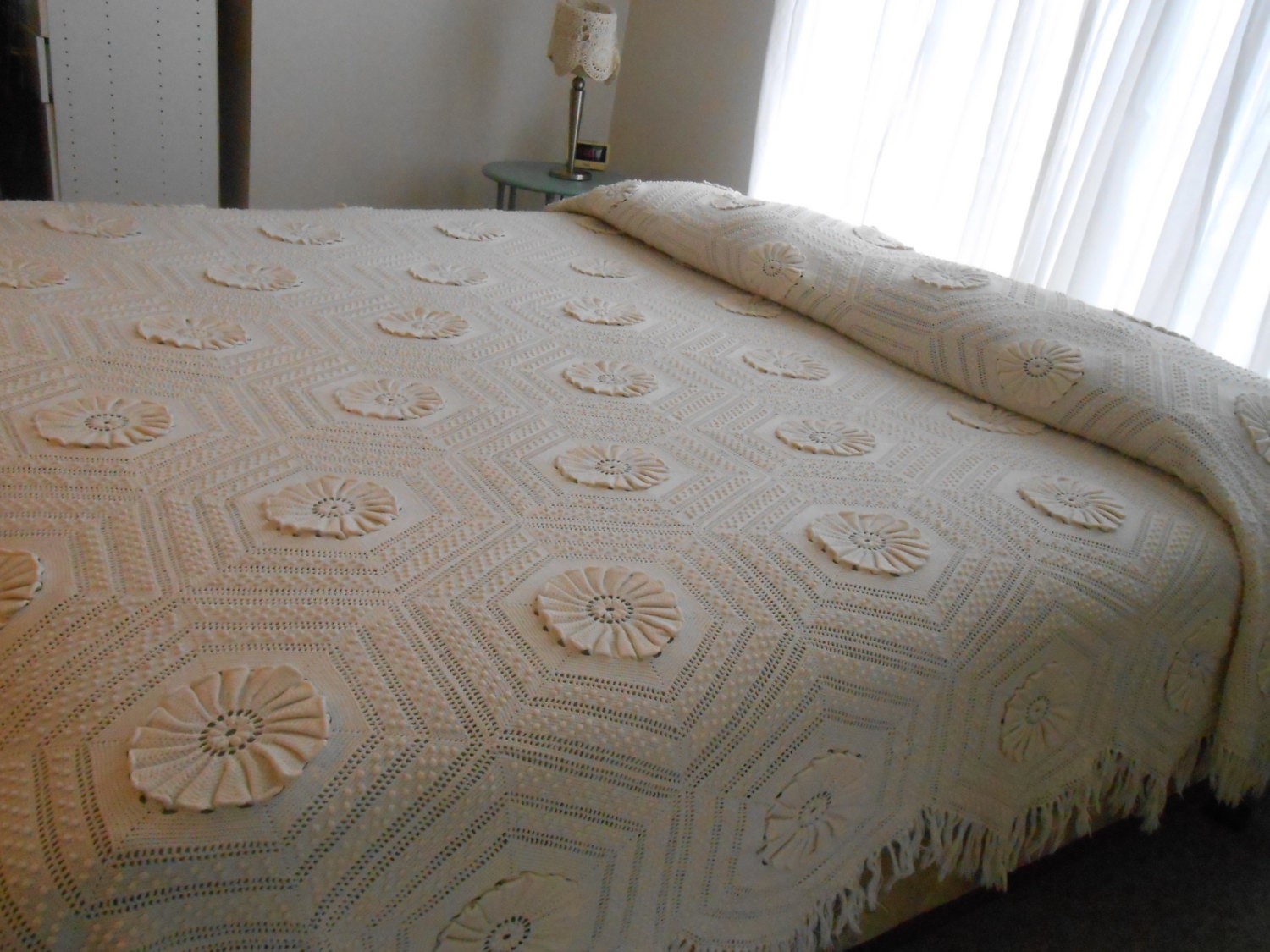 Hand Made Crocheted Knit Vintage Antique Bedspread off White