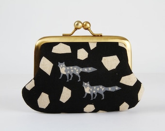 Metal frame purse with two sections - Echino foxes on black - Siamese daddy / Japanese fabric / Two pockets / stones / pink gray