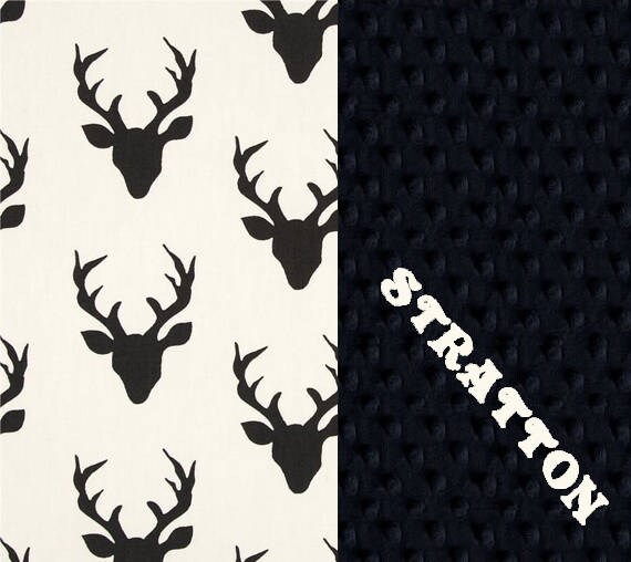 Personalized Minky Baby Blanket Deer Animals Black White Cotton // Deer Baby Blanket // Personalized Baby Blanket // Baby Shower Gift