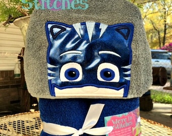 Catboy hooded towel, PJ Mask hooded towel, pool towel, beach towel, bath towel, appliqued towel, Childrens gift, Birthday gift, Super hero