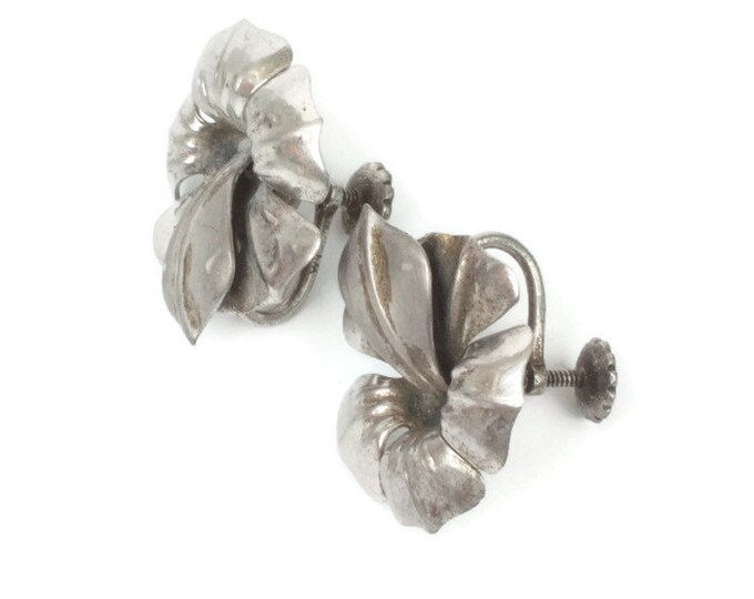 Vintage Sterling Orchid Flower Earrings Signed MK Screw Back
