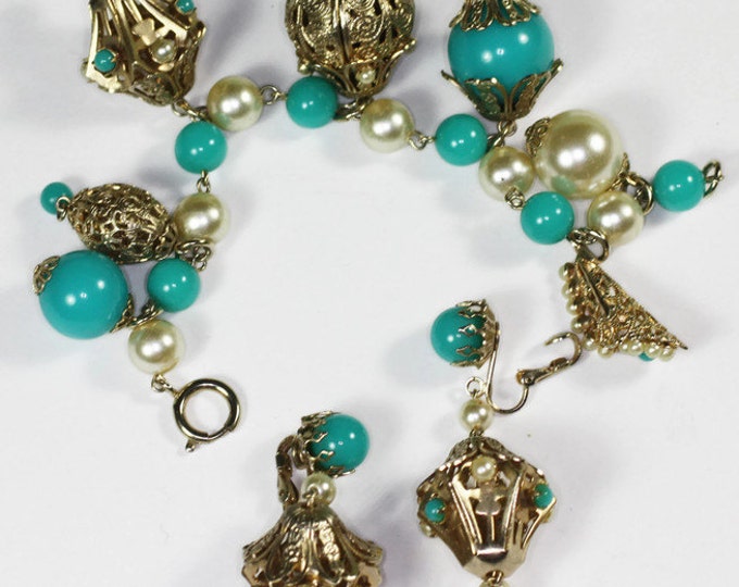 Asian Lanterns Etruscan Fob Style Bracelet Faux Pearls Faux Turquoise Chunky Filigree Germany