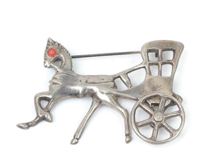 Horse and Buggy Brooch Movable Wheel Mexican Silver Vintage