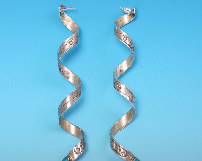 Sterling Silver Twist Earrings NA Turquoise Shoulder Dusters Pierced Dangle Signed