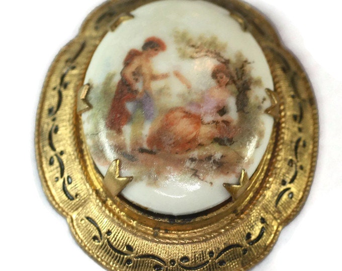 CIJ Sale Romantic Courting Couple Porcelain Brooch Lovers Enameled Frame Vintage