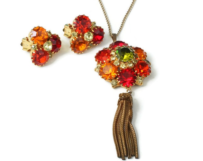 Orange Red Green Rhinestone Pendant Necklace Clip Earring Tassels Vintage