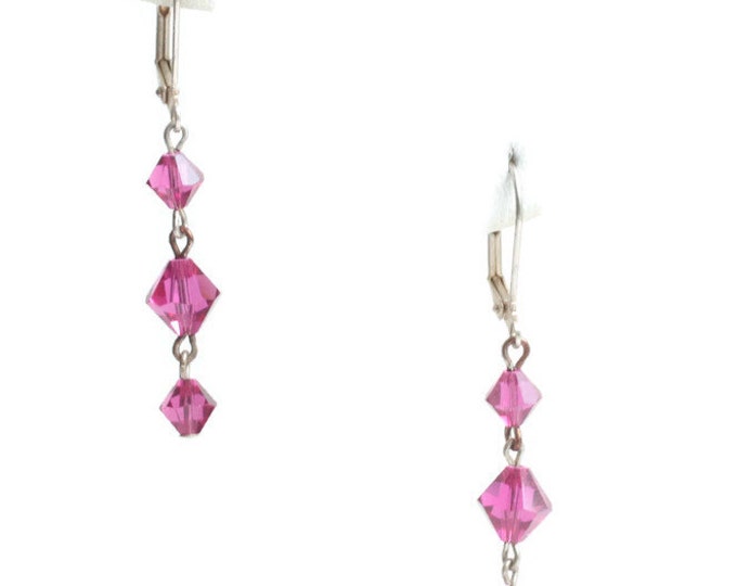 Fuchsia Pink Crystal Dangle Earrings Lever Back Vintage