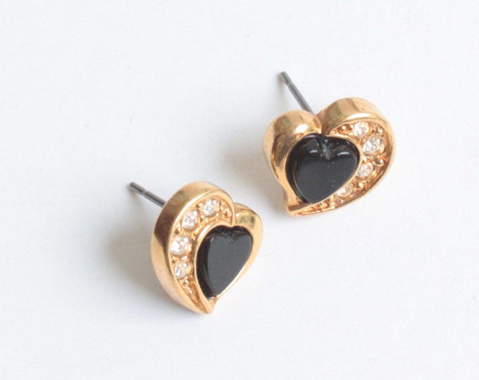 Avon Heart Earrings Black Center Clear Rhinestones Posts Vintage