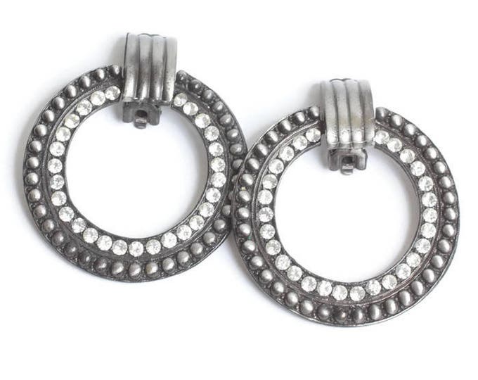 Large Circle Hoop Earrings Rhinestones Dots Clip On Door Knocker Vintage