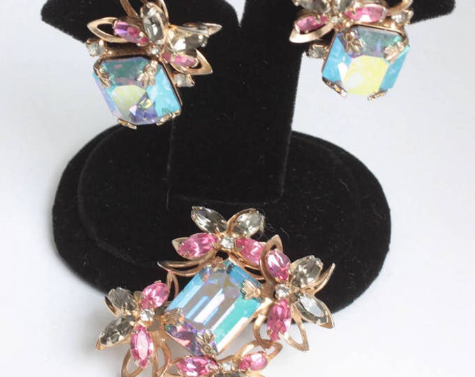 AB Rhinestone Floral Brooch Earrings Set Pink Green Blue Dimensional Vintage