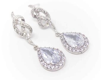 Bridal Earrings Cubic Zirconia Teardrop and Knot Wedding Earrings