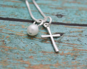 Personalized Cross Necklace, Sterling Silver Cross Necklace, Tiny Cross Necklace, Confirmation Gift, Flower Girl Gift