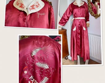 1940's Satin House Robe Embroidered name Josie