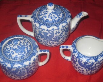 Vintage Blue and White Phoenix Bird, Flying Turkey Toy Tea Set, with Larger, Extra Sugar Dish Included