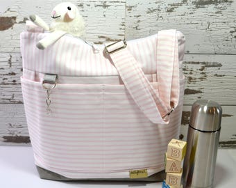 Diaper bag for Mom and Baby in Ballet Pink Ticking Stripe, waterproof base -Lightweight and durable! by Darby Mack made in the USA