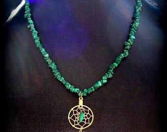 ENCHANTED ll Malachite dreamcatcher necklace, dream catcher necklace, Native American, Tribal, Crystal necklace, prosperity stone