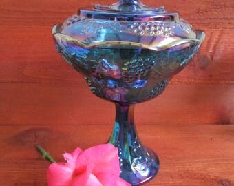 Vintage Indiana Glass Iridescent Blue Carnival Glass Harvest Grape Pattern Footed Compote Candy Dish