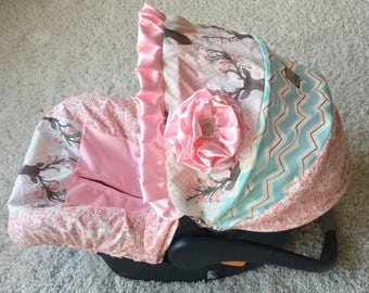 Fancy Infant Car Seat Covers, Coral Floral Baby Car Seat Covers, Pink Car Seat Cover, Car Seat Covers for Girl, Stag Baby Carseat Cover