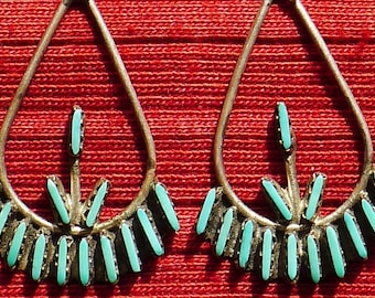 Zuni Sterling Silver Petit Point / Needlepoint Turquoise Dangle Earrings
