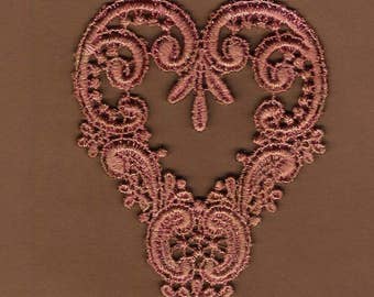 Hand Dyed Venise Lace Applique Victorian Heart Aged Mauve Rose