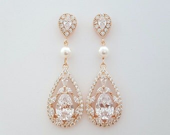 Rose Gold Bridal Earrings Wedding Jewelry Cubic Zirconia Pearl Tear Drops Bridal Jewelry Rose Gold Crystal Wedding Earrings, Esther Earring