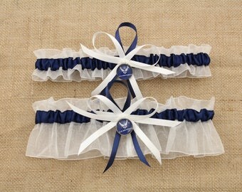 Sheer White Air Force Wedding Garter Set, Air Force Garter Set, Bridal Garter, Prom Garter (Your Choice, Single or Set)