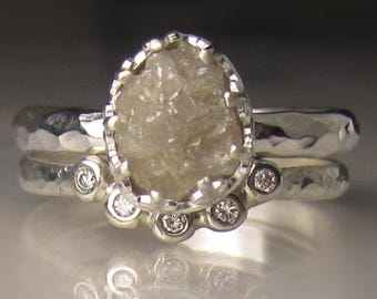 Raw Diamond Engagement Set, Raw Diamond Ring, Hammered Rough Diamond Ring, 2.47CTS